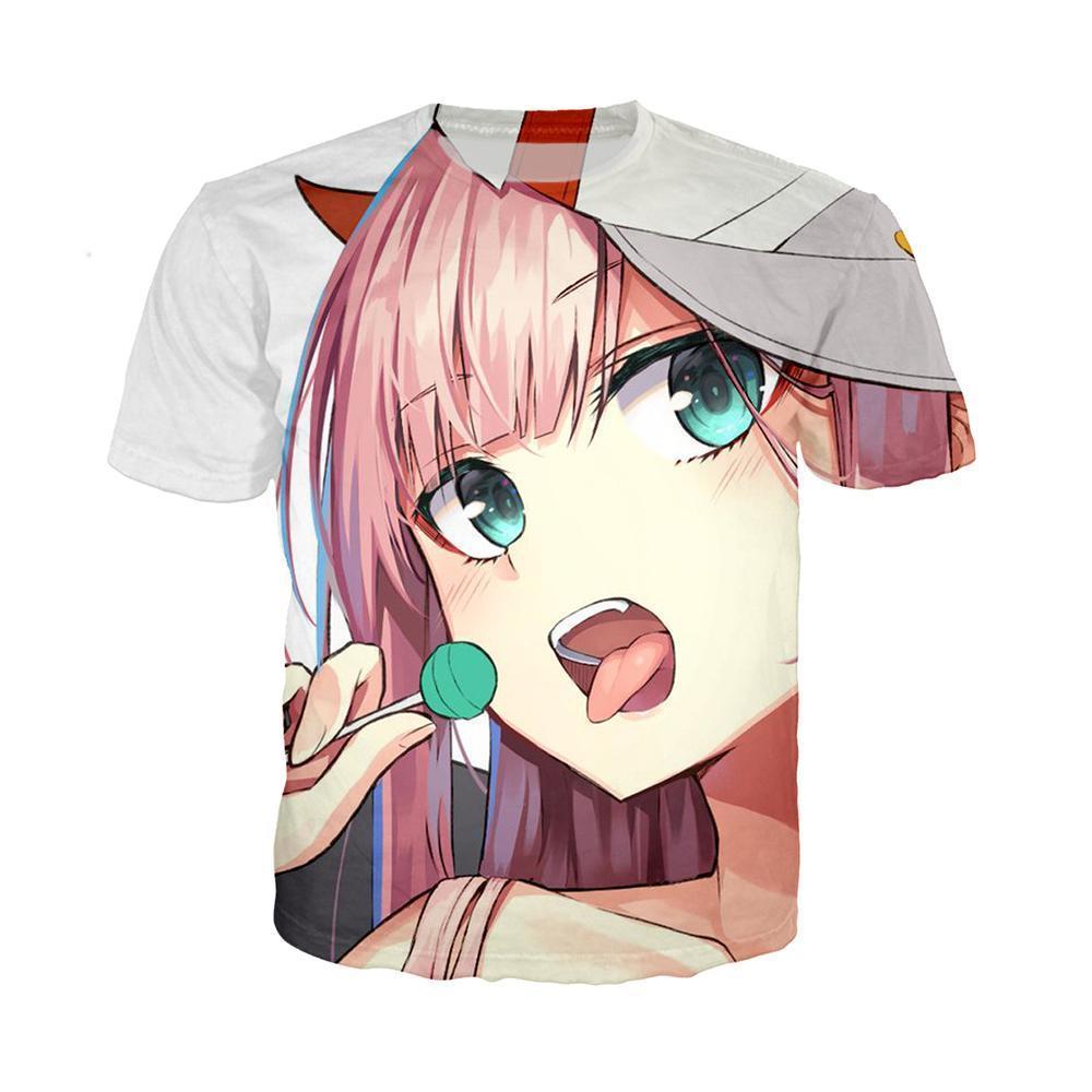 Anime Merchandise T-Shirt M Darling in the Franxx T-Shirt - Zero Two with Green Sucker T-Shirt