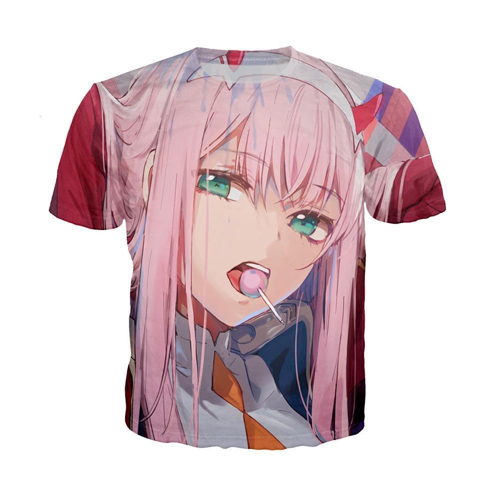 Anime Merchandise T-Shirt M Darling in the Franxx T-Shirt - Zero Two with Sucker T-Shirt