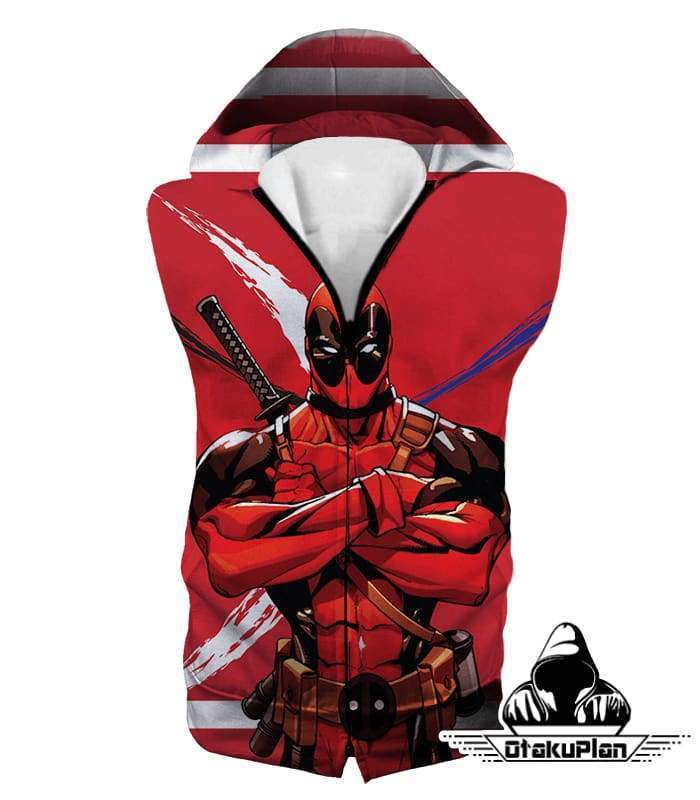 OtakuForm-OP Zip Up Hoodie Hooded Tank Top / XXS Deadpool Zip Up Hoodie - Muscular Mutant Hero Deadpool Pose Red Zip Up Hoodie