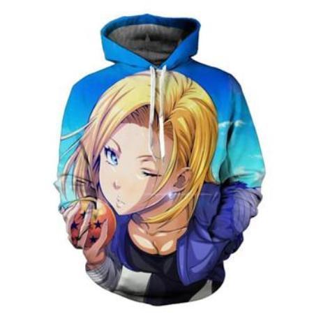 Anime Merchandise M / Blue Dragon Ball Z Pullover Hoodie - Winking Android 18  Pullover Hoodie