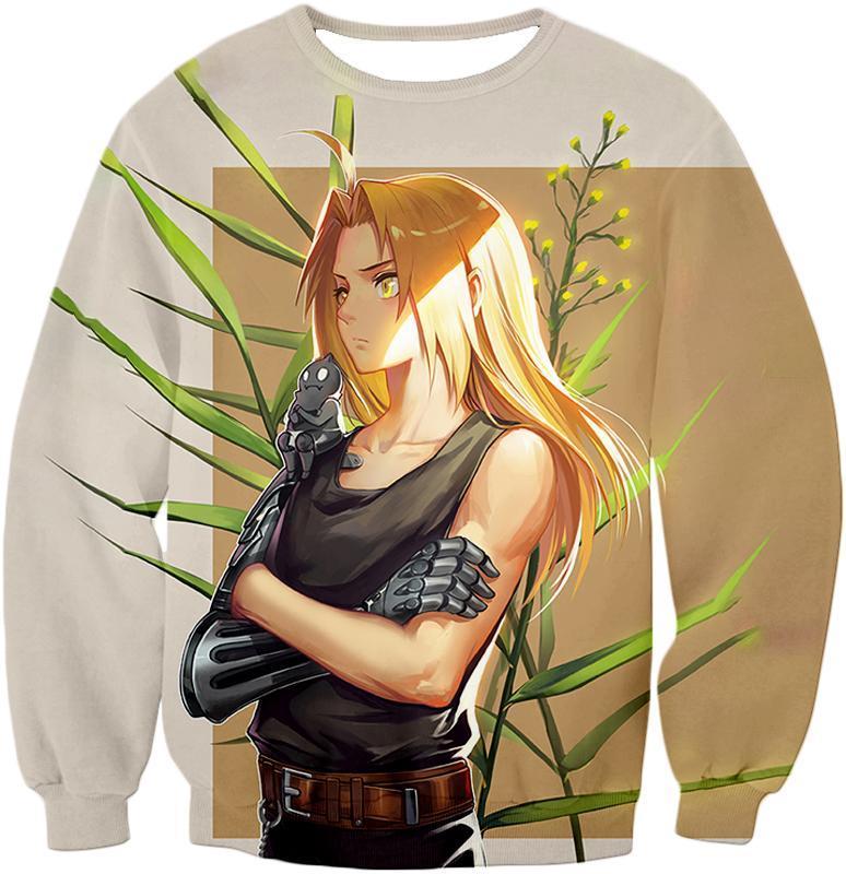 OtakuForm-OP Sweatshirt Sweatshirt / XXS Full Metal Alchemist Sweatshirt - Fullmetal Alchemist Long Blonde Haired Anime Hero Edward Elrich Cool Pose Grey Sweatshirt