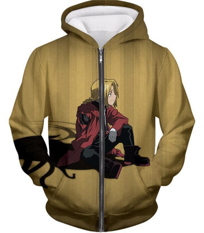OtakuForm-OP T-Shirt Zip Up Hoodie / XXS Fullmetal Alchemist Blonde Haired Anime Hero Edward Elrich Cool Pose Brown T-Shirt