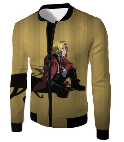 OtakuForm-OP Zip Up Hoodie Jacket / XXS Fullmetal Alchemist Blonde Haired Anime Hero Edward Elrich Cool Pose Brown Zip Up Hoodie