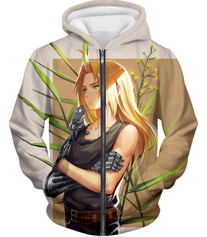 OtakuForm-OP T-Shirt Zip Up Hoodie / XXS Fullmetal Alchemist Long Blonde Haired Anime Hero Edward Elrich Cool Pose Grey T-Shirt