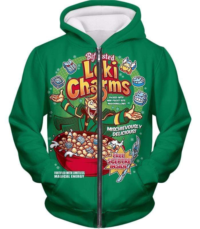 OtakuForm-OP Sweatshirt Zip Up Hoodie / XXS Funny Lokis Cornflakes Advertisement Green Sweatshirt