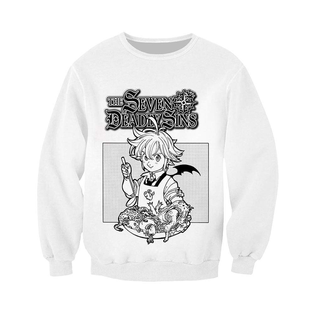 Anime Merchandise Sweatshirt M / White The Seven Deadly Sins Sweatshirt - Meliodas Serving Gluttony Sweater Pullover