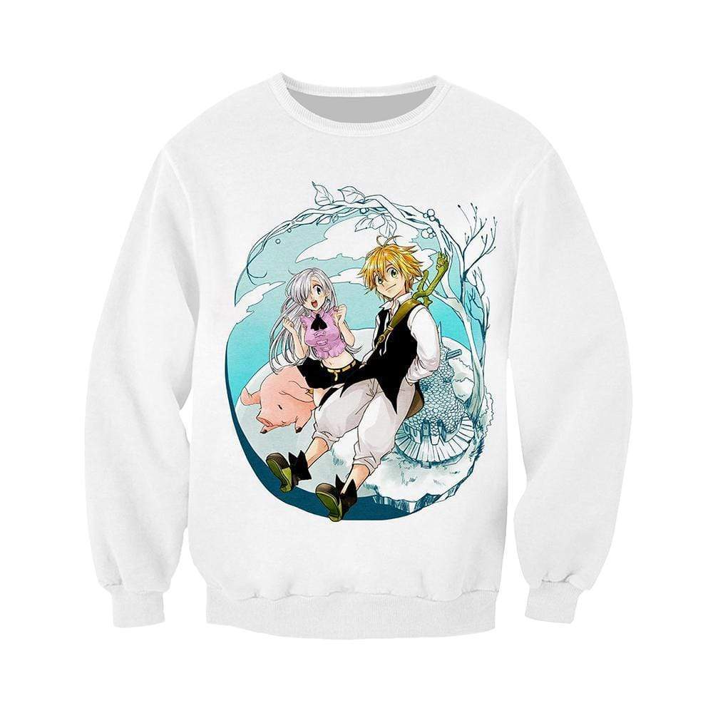 Anime Merchandise Sweatshirt M / White The Seven Deadly Sins Sweeater Meliodas, Elizabeth and Hawk Sweater Pullover